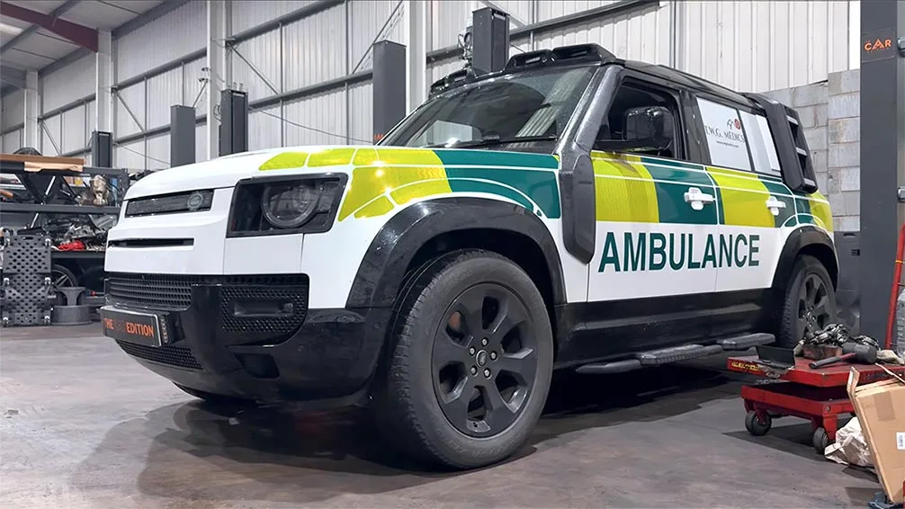 Land Rover Defender ambulance in the workshop
